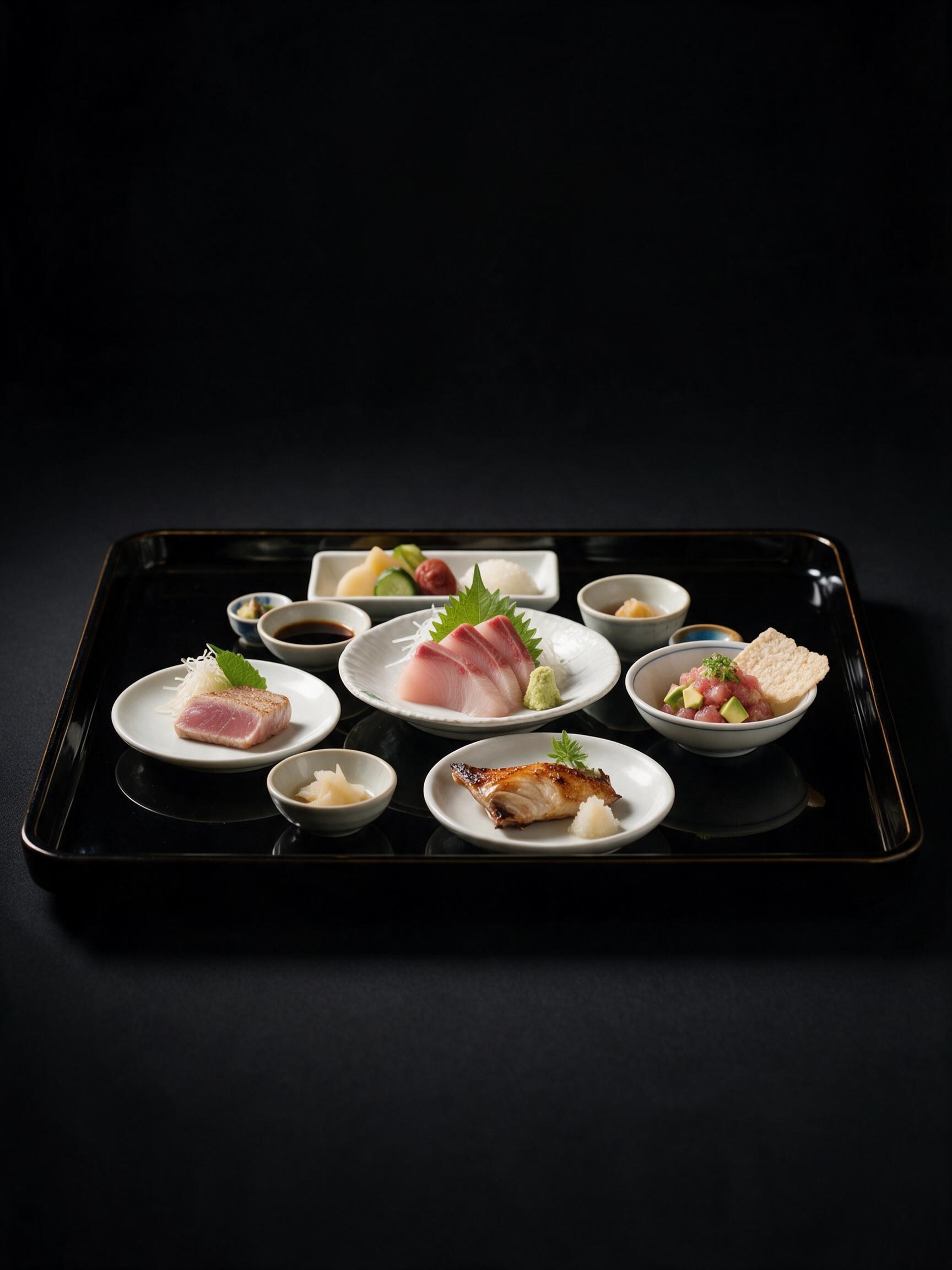 鮪を楽しむおまかせコース料理の盛り合わせ