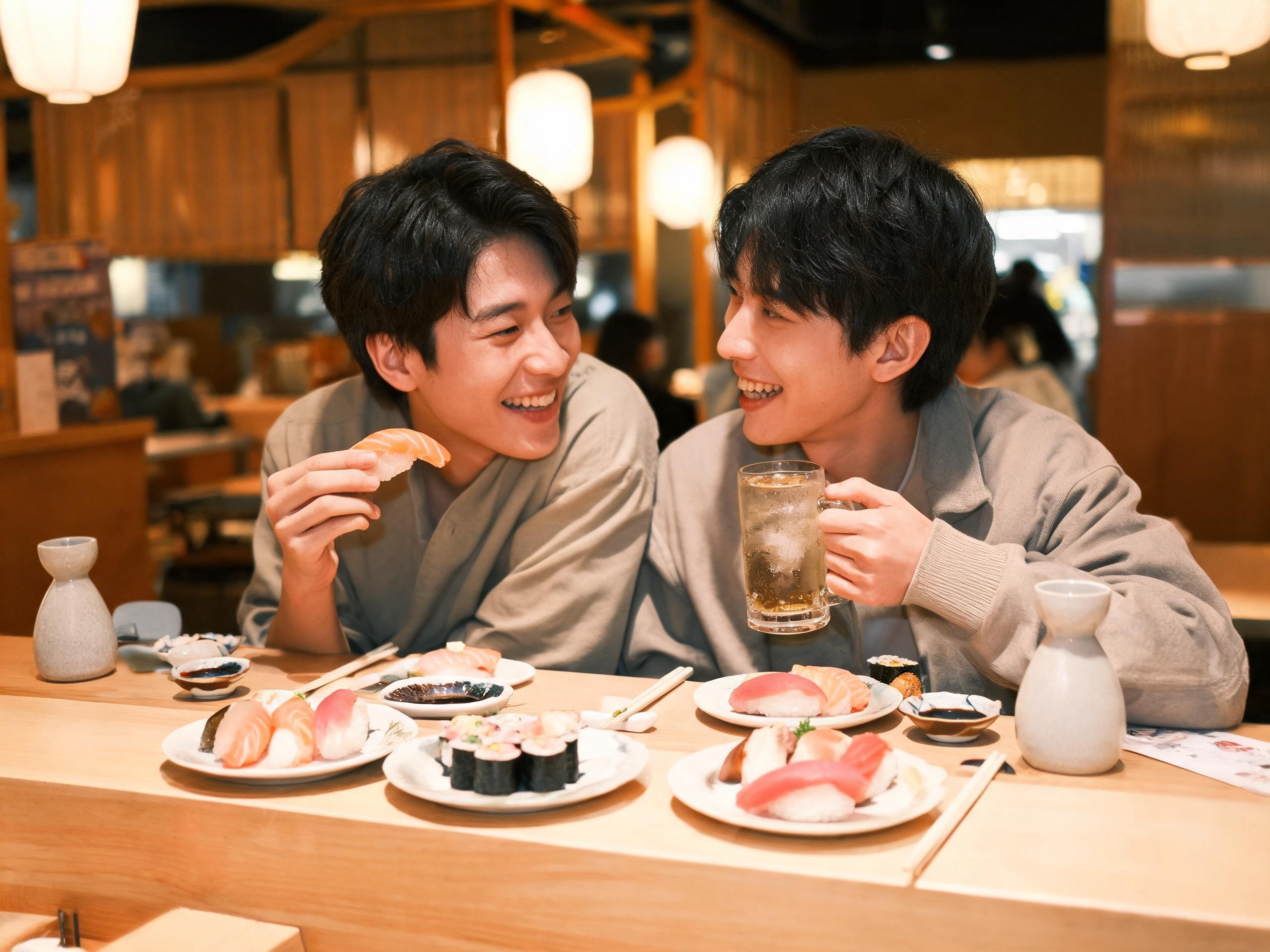友人と鮪料理を囲んで食事を楽しむシーン