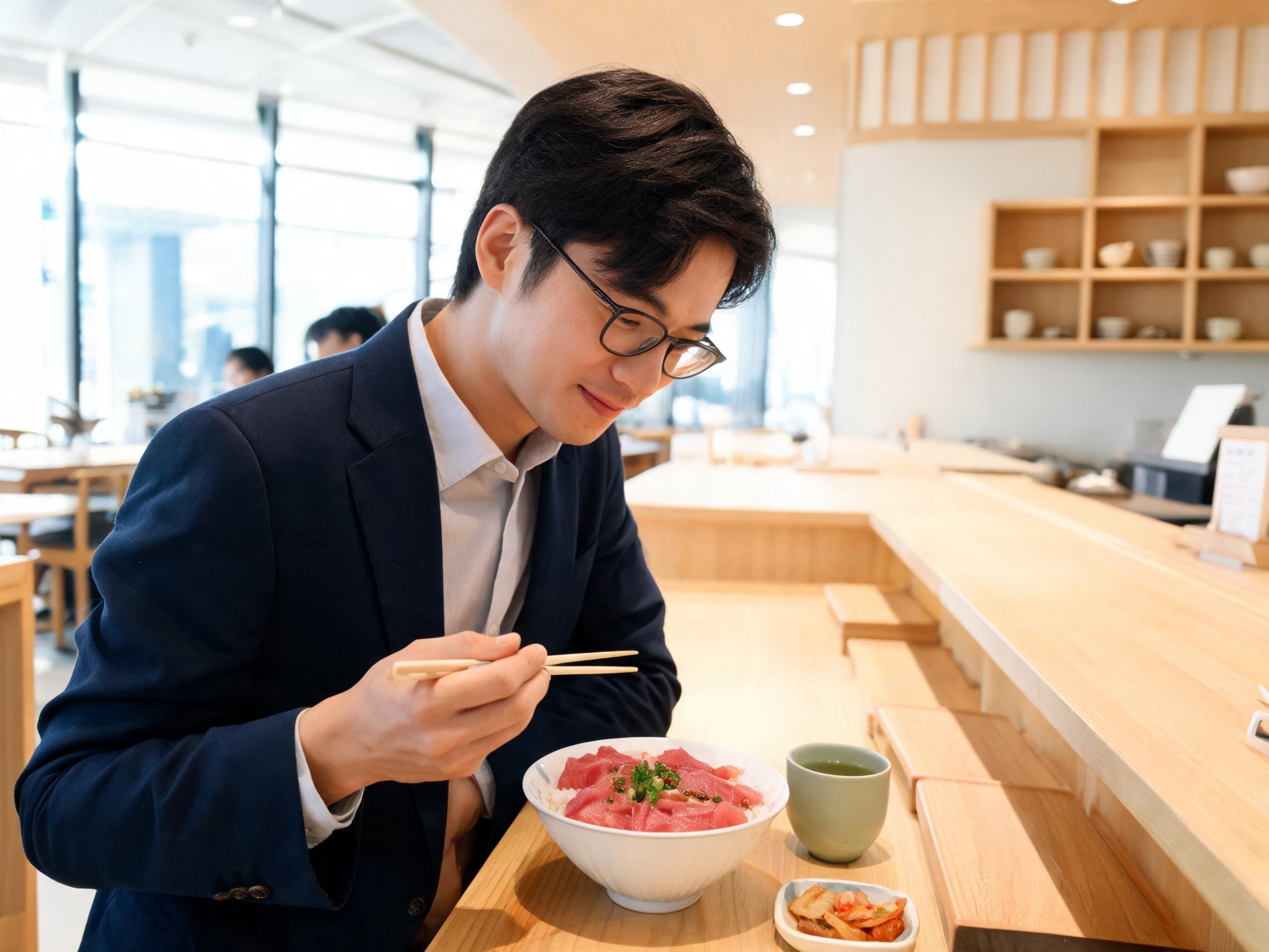 ランチタイムに鮪丼を楽しむシーン